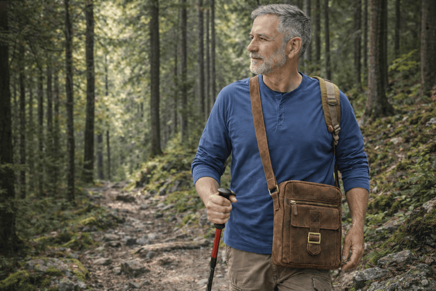 chlap s koženou taškou na turistike mk